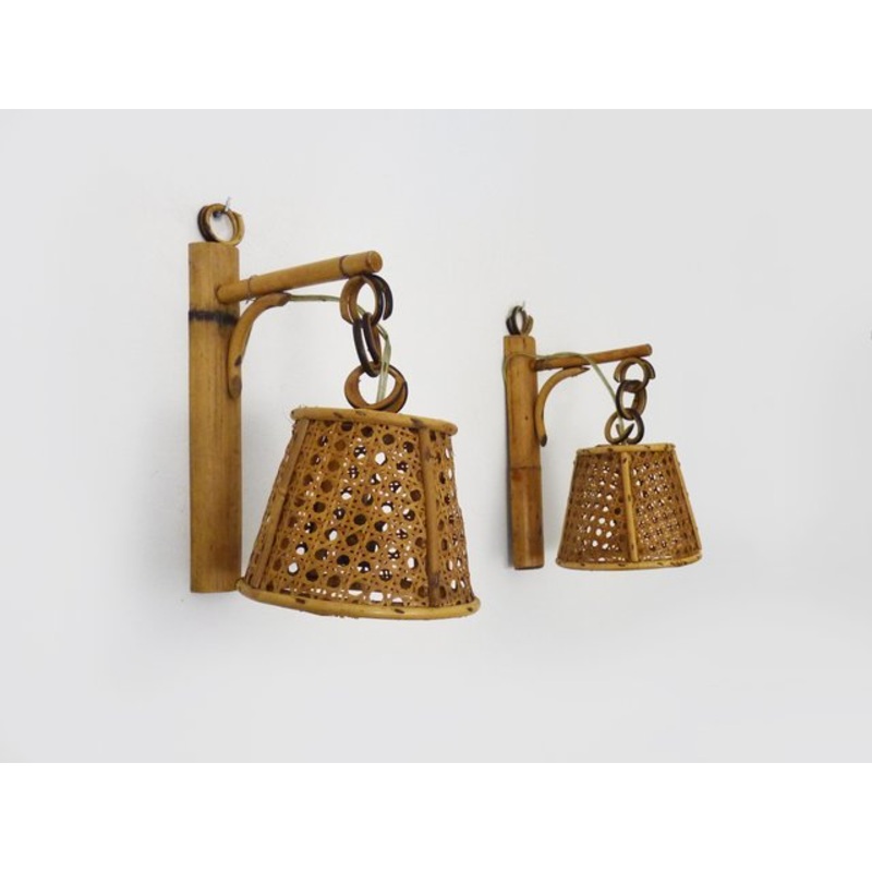 Lantern Wall Lights in Rattan and Canework, 1960s, Set of 2 for sale at Pamono