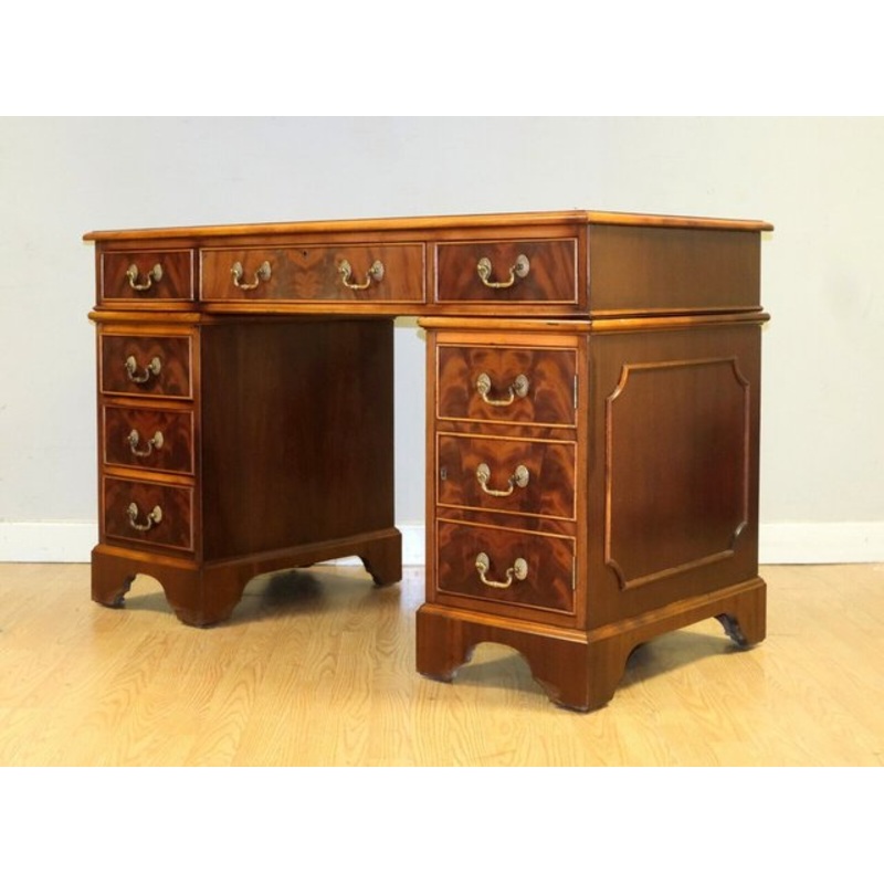 Late 20th Century Pedestal Desk with Gold Tooled Red Leather Top from Waring & Willow for sale at Pamono