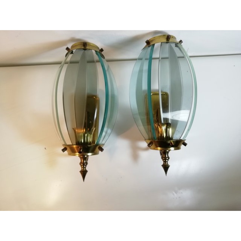 Mid-Century Glass and Brass Sconces, Italy, 1960s, Set of 2 for sale at Pamono
