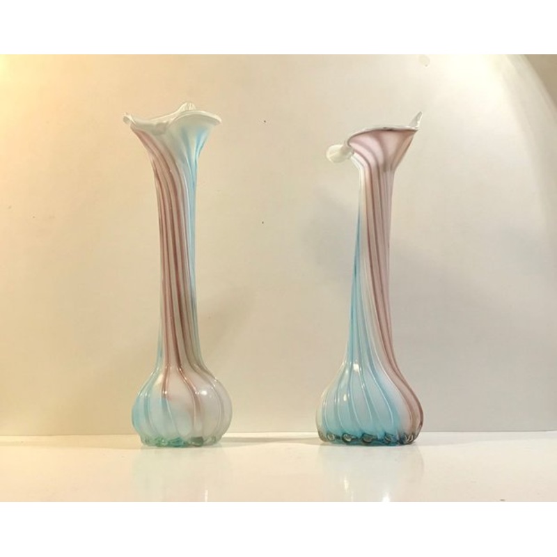 Pink, Blue and White Twisted Murano Glass Vases, 1940s, Set of 2 for sale at Pamono