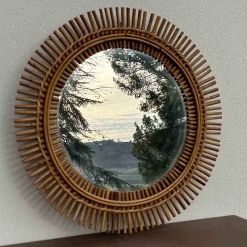 Round Mirror in Wicker and Bamboo, 1960s for sale at Pamono