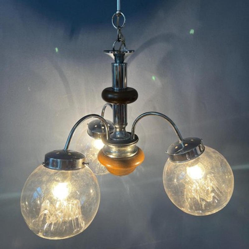 Vintage Clear Glass Murano Chandelier with Chrome Frame for sale at Pamono