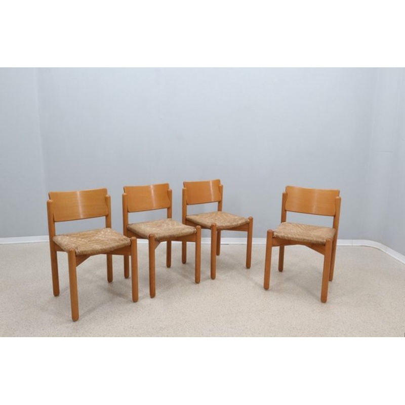 Vintage Wooden Dining Chairs with Straw Seat, 1970s, Set of 4 for sale at Pamono