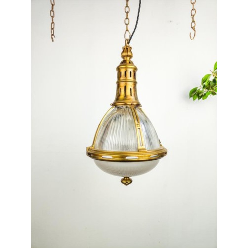 Brass 2 Part Glass Holophane Pendant Light, Belgian, 1890s for sale at Pamono