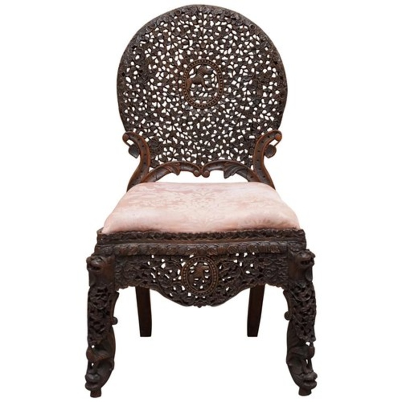 Burmese Hand-Carved Hardwood Chair with Floral Details for sale at Pamono