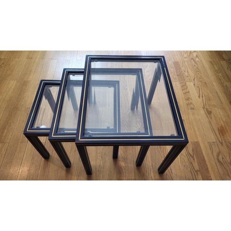 French Nesting Tables in Blue Lacquered Metal with Glass Tops by Pierre Vandel, 1970s, Set of 3 for sale at Pamono
