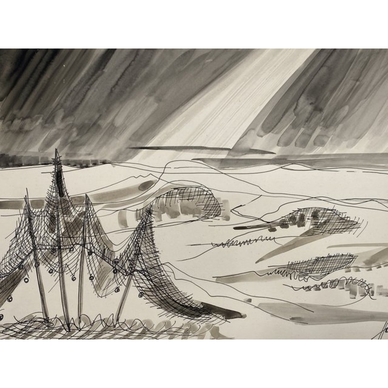 Heinrich Heuser, Fishing Nets on the Beach, 1950s, Ink and Watercolor for sale at Pamono