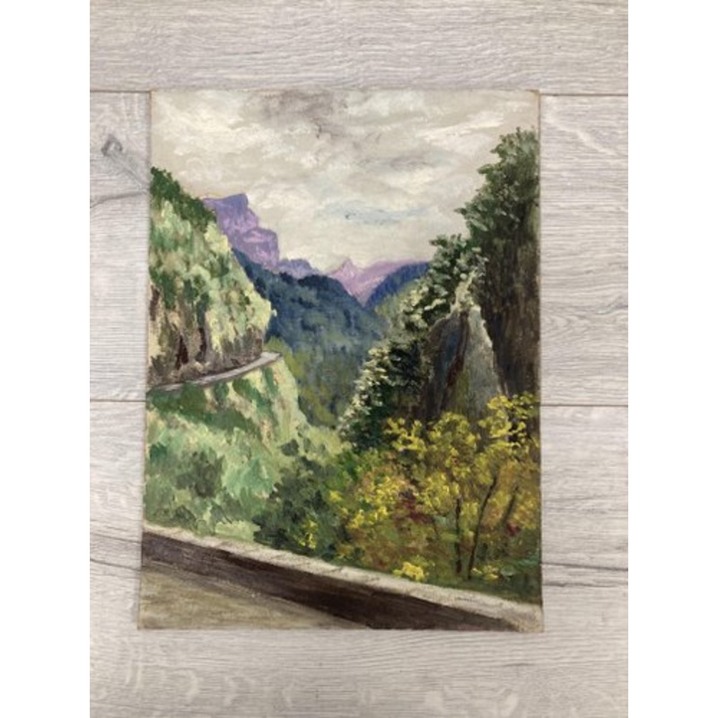 Henry d’Avesnes, Landscape with the Mauve Mountains, Oil on Cardboard, 1950s for sale at Pamono