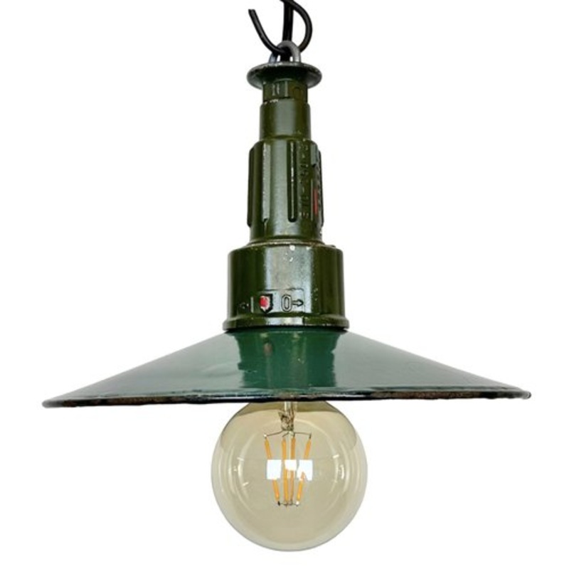 Industrial Enameled Military Pendant Lamp with Cast Aluminium Top, 1960s for sale at Pamono