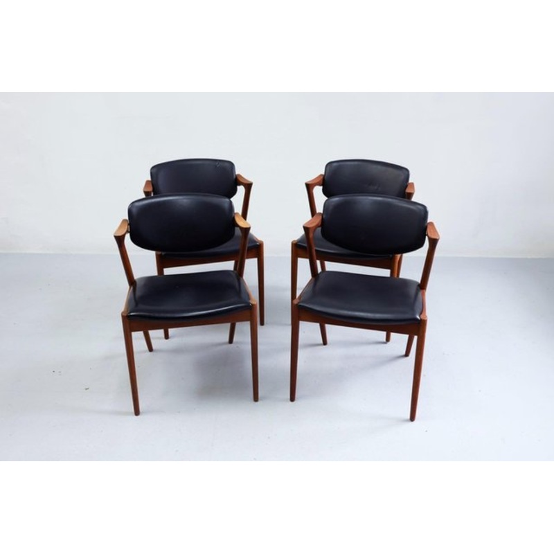 Model 42 Teak and Black Leather Dining Chairs by Kai Kristiansen, Denmark, 1960s for sale at Pamono