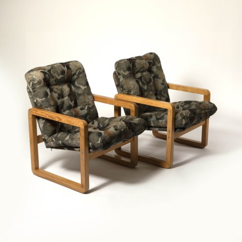 Set of Bolek Chairs in Pine and Fabric, Poland, 1980s for sale at Pamono