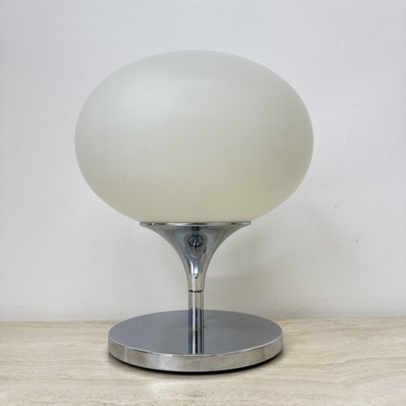Space Age Opaline Glass, Chromed Steel and Cast Iron Lamp from Kaiser Leuchten, 1970s for sale at Pamono