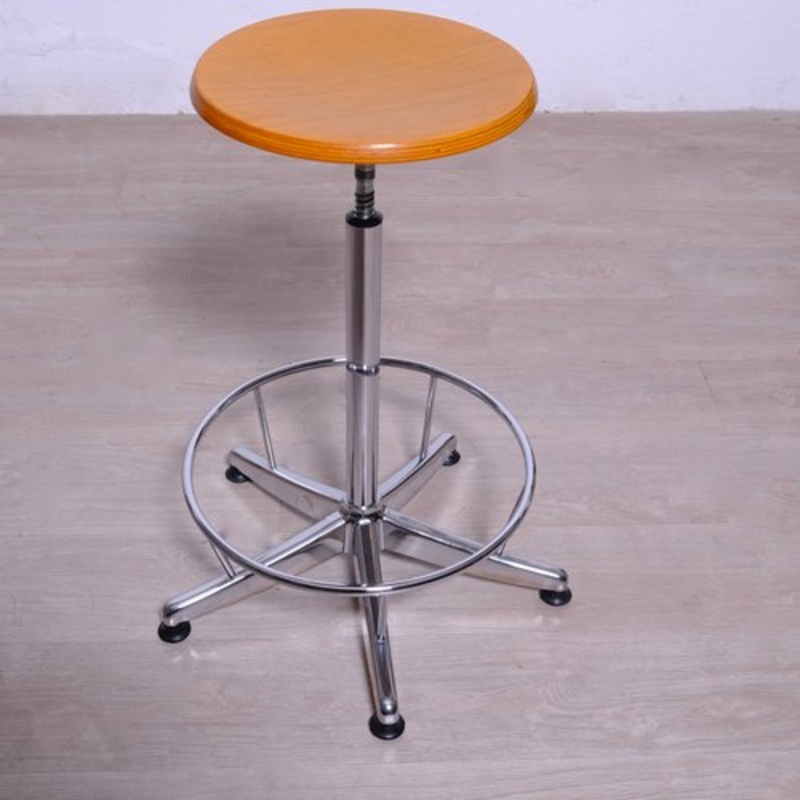 Industrial Adjustable Office Stool in Metal with Wooden Seat for sale at Pamono