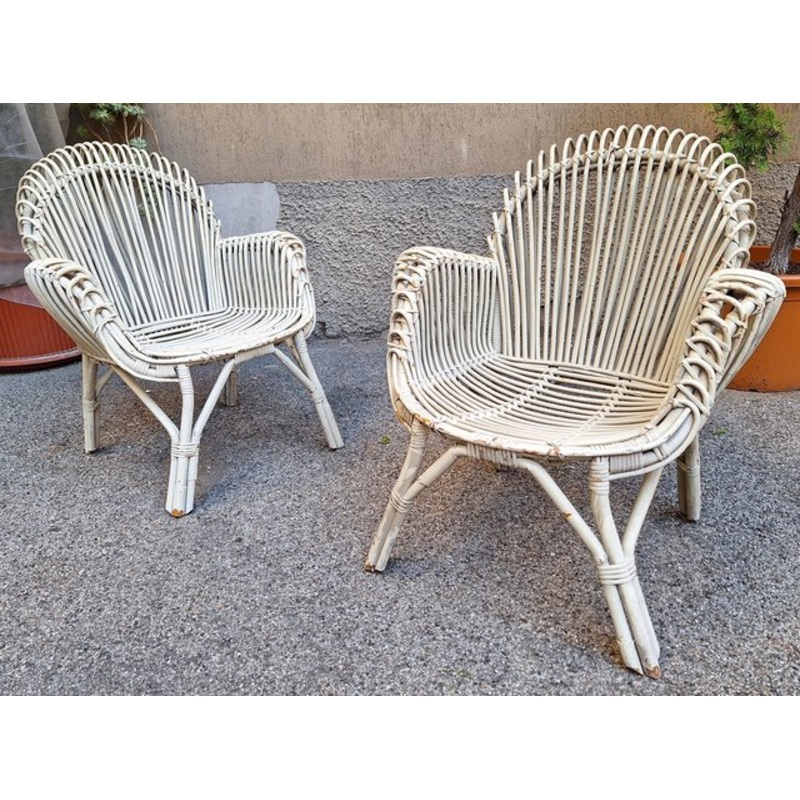 Set of Armchairs in Malacca and White Laquered Bamboo, 1960s for sale at Pamono