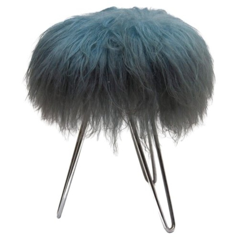 Vanity Stool with Blue Sheepskin Top and Hairpin Legs, 1950s for sale at Pamono