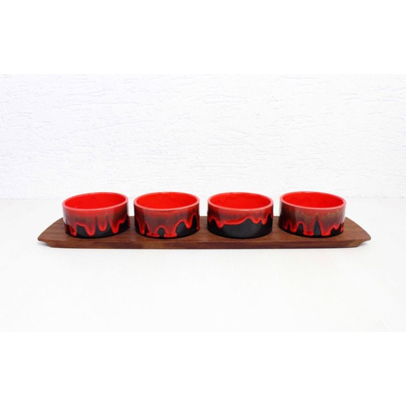 Vintage Service Tray and Ramekins in Teak and Ceramic, 1960s, Set of 5 for sale at Pamono