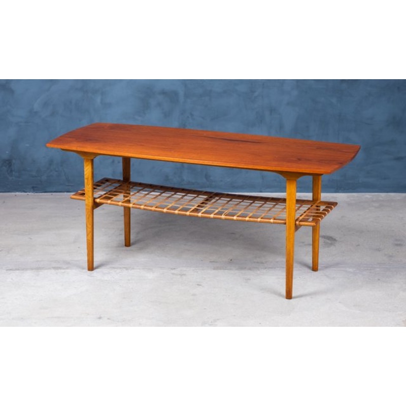 Coffee Table in Teak and Oak with Wicker Shelf, Denmark, 1960s for sale at Pamono
