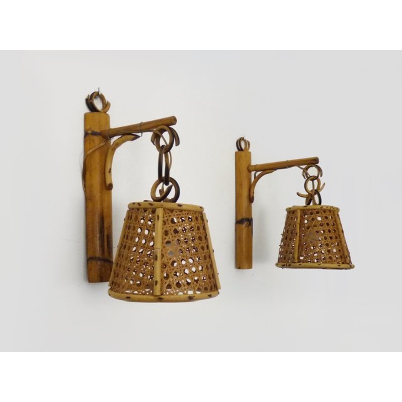 Set of 2 Lantern Wall Lights in Rattan and Canework. 50s 60s , 1950s for sale at Pamono