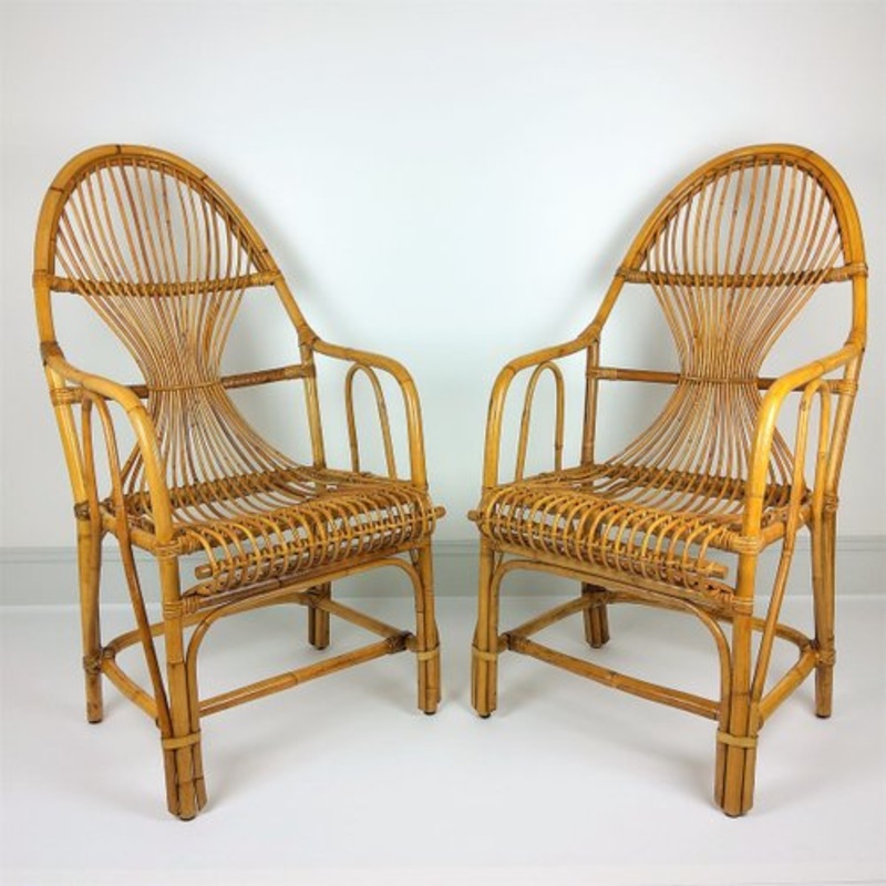 Set of Large Vintage Bamboo & Rattan Lounge Chairs, 1960s for sale at Pamono