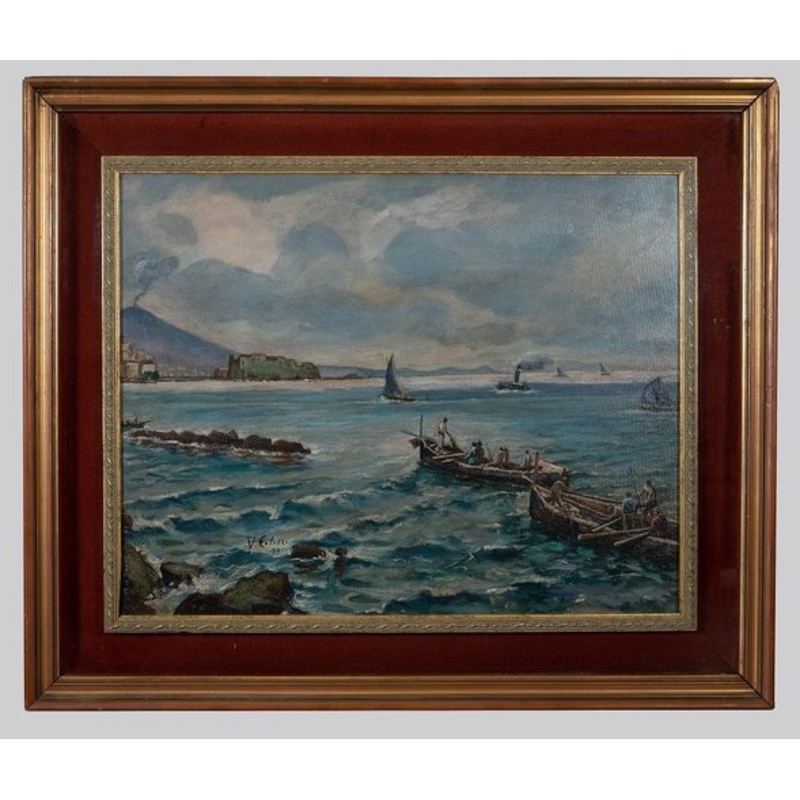 Vincenzo Colucci – Boats Fishing In the Naples – Oil Painting – Mid-20th Century for sale at Pamono