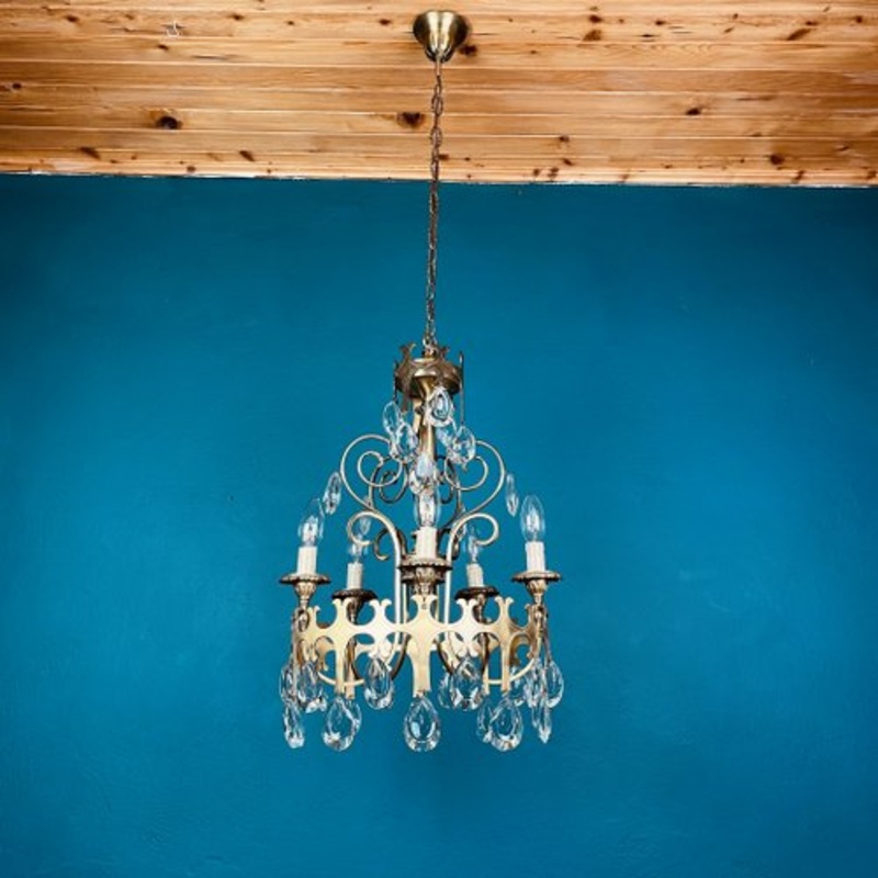 Vintage Chandelier with Crystal Drops, Italy, 1960s for sale at Pamono