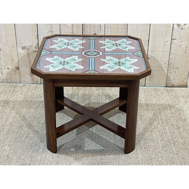 Art Deco Coffee Table in Mahogany with Fabric-Covered Glass Top, 1930s for sale at Pamono