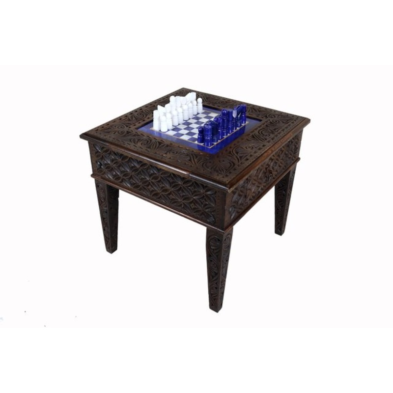 Chess Table with Chess Pieces in Handcarved Cedar, 1990s, Set of 17 for sale at Pamono