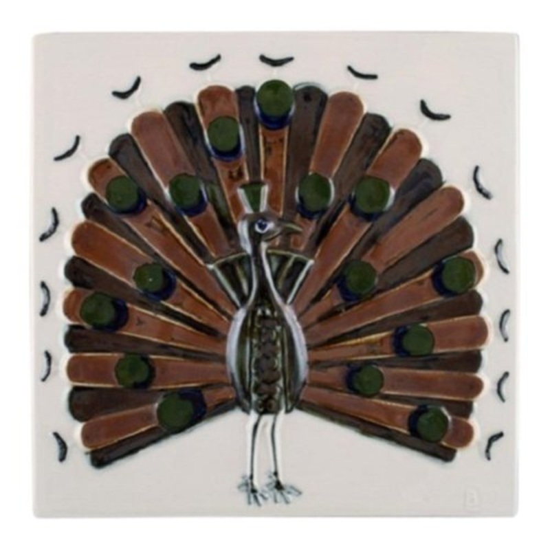 Glazed Porcelain Wall Plaque with Peacock by Bertil Lundgren for Rrstrand, 1970s for sale at Pamono