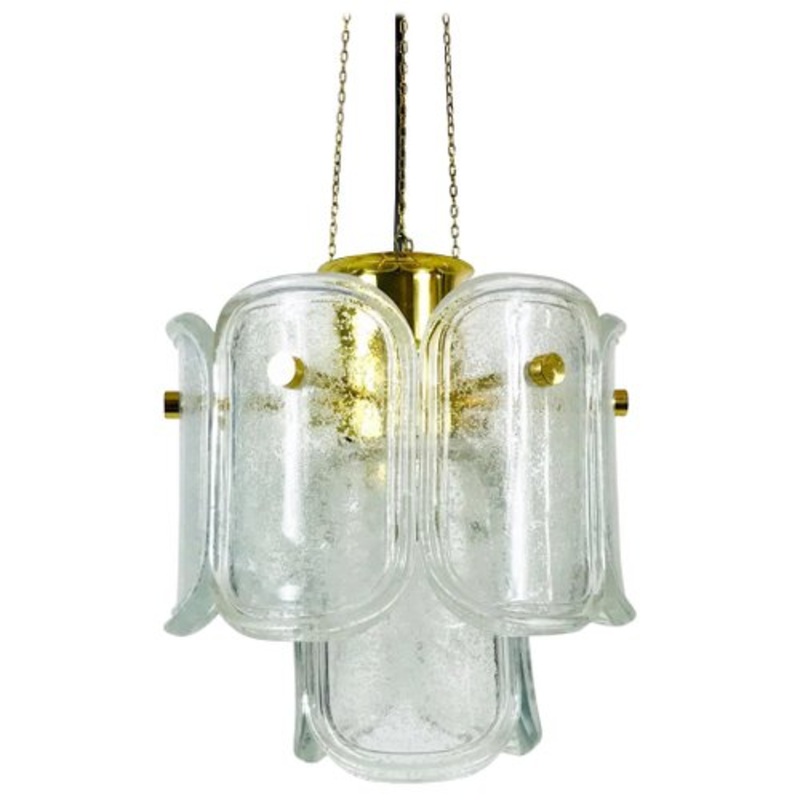 Large Mid-Century Two-Tier Brass and Ice Glass Chandelier from Limburg, 1960s for sale at Pamono