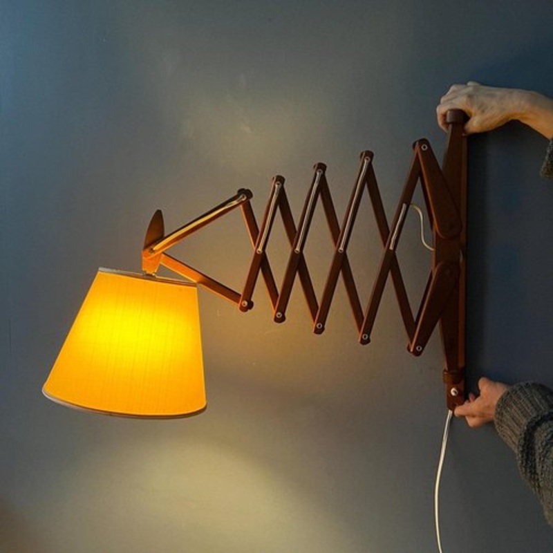 Mid-Century Danish Teak Wood Scissor Wall Lamp for sale at Pamono