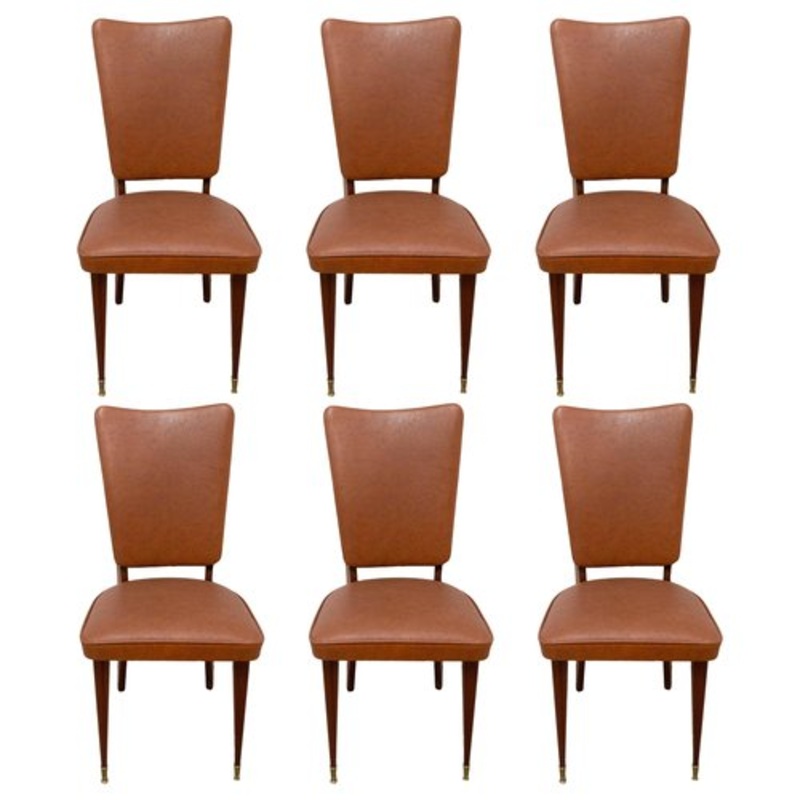 Mid-Century Dining Chairs in Brown Skai and Iroko Wood, 1960s, Set of 6 for sale at Pamono
