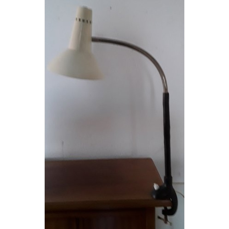 Multi-Adjustable Vintage Desk Lamp, Clamping Lamp With Cream Reflector Screen, Chromed Flex Tube in Black Painted Aluminum and Plastic Bracket From the 70s of Hillebrand for sale at Pamono