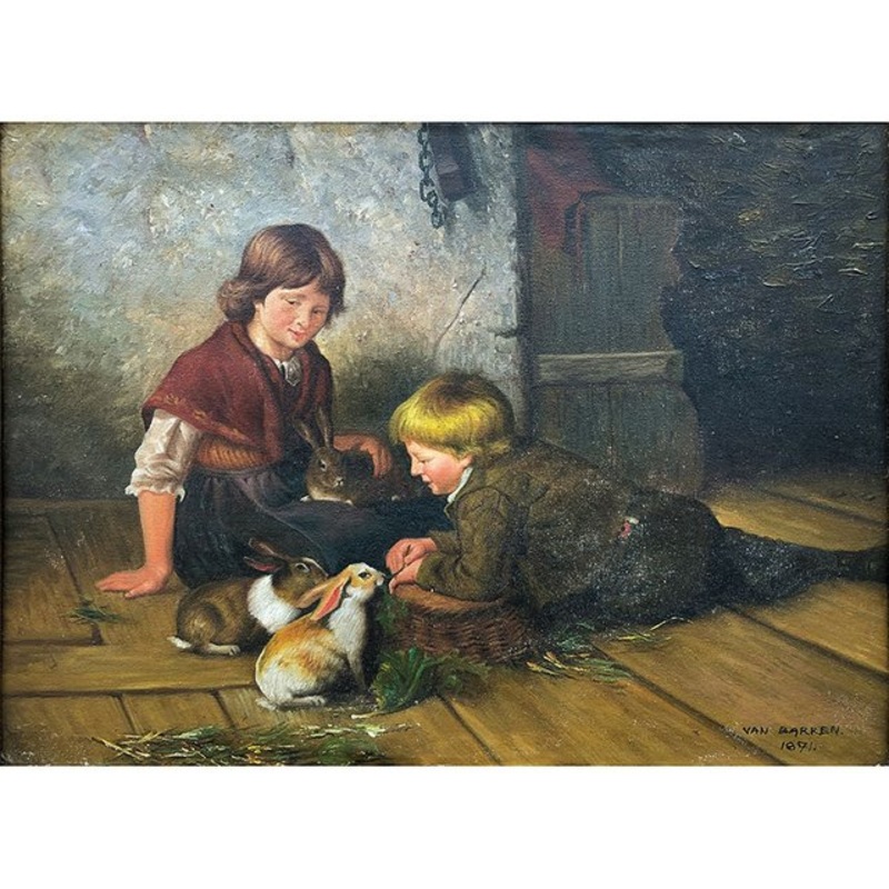 Van Barren, Children and Rabbits, 1871, Oil on Panel, Framed for sale at Pamono