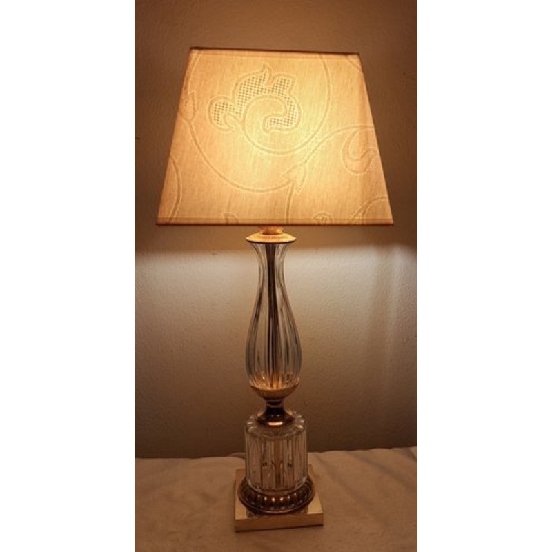 Vintage Table Lamp with Crystal Glass Base on Gold-Plated Square Base with Original Cream-White Fabric Shade, 1970s for sale at Pamono