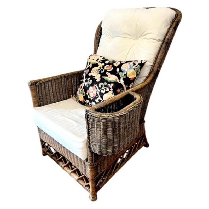 Vintage Wicker Armchair with Magazine Rack for sale at Pamono