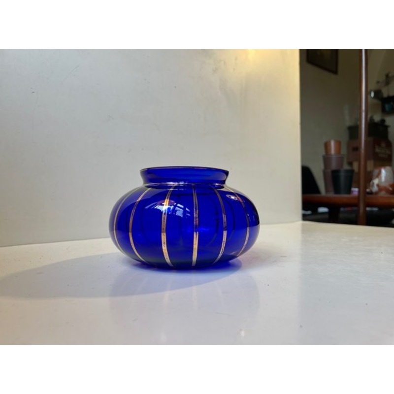 Art Deco Blue Bowl with Gold Enamel Stripes, 1930s for sale at Pamono