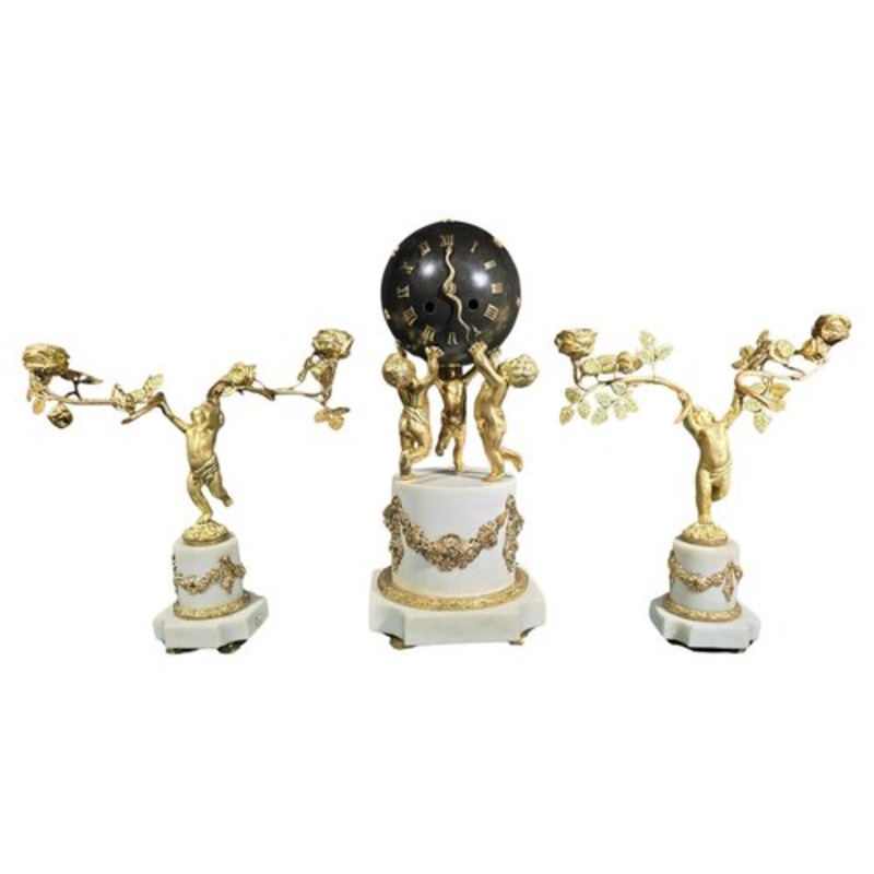 French Gilt Bronze Garniture Clock Set, 1880s, Set of 3 for sale at Pamono
