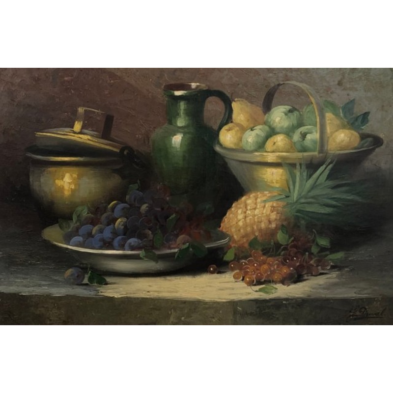 Georges Duval, Fruit Still Life and Green Pitcher, Oil on Canvas for sale at Pamono