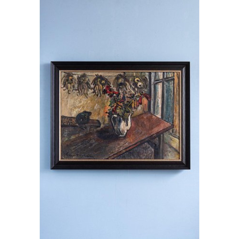 Marcel Saint-Jean, Kitchen Table with Flowers, Oil Painting on Canvas, Mid-20th Century, Framed for sale at Pamono