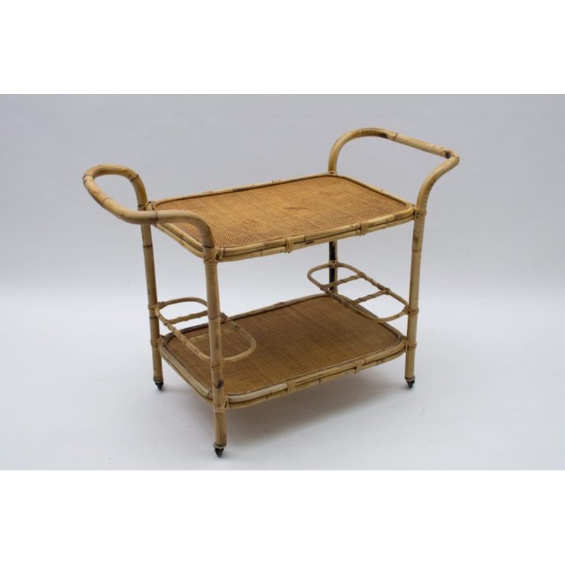 Italian Bamboo and Rattan Bar Cart Serving Trolley, 1950s for sale at Pamono