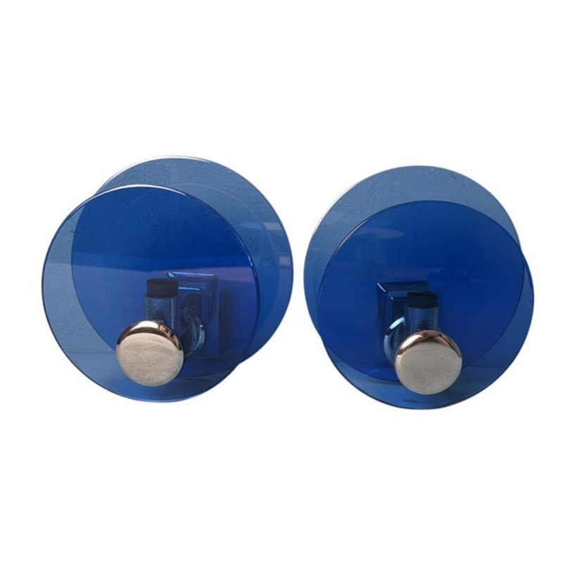 Italian Blue Glass and Nickel-Plated Brass Wall Sconces in the style of Veca, 1960, Set of 2 for sale at Pamono
