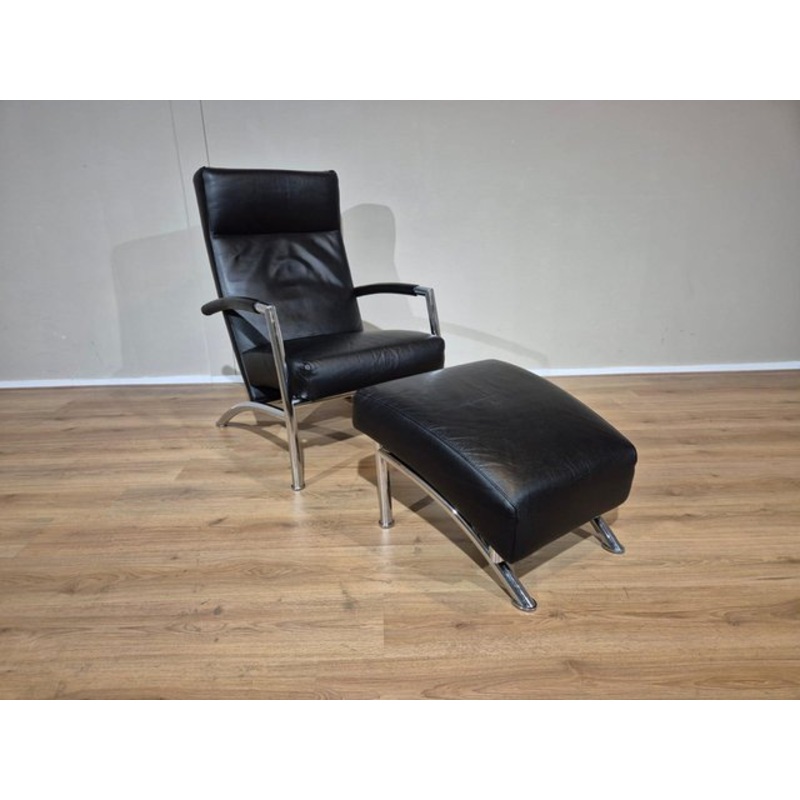 Set of Helical Armchair with Footstool in Black Leather from Leolux for sale at Pamono