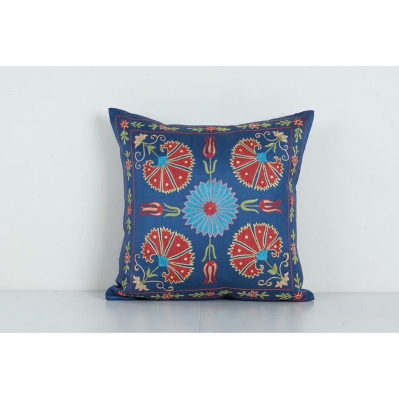 Vintage Embroidery Suzani Royal Blue Silk Cushion Fashioned from a Mid-20th Century Samarkand Suzani for sale at Pamono