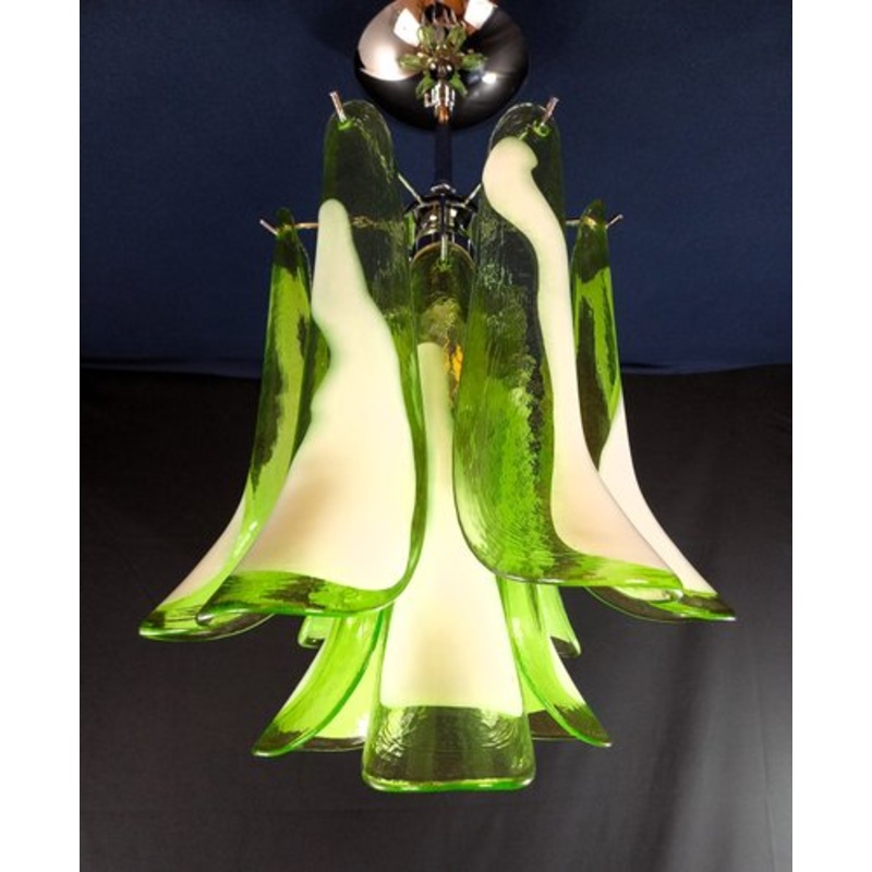 Vintage Murano Glass, Green petals with White Core Chandelier Ceiling Light in the style of Mazzega, Italy, 1981 for sale at Pamono