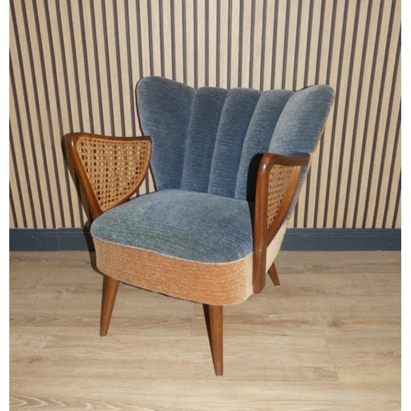 2 Tone Blue – Yellow Armrest Cocktail Chair in Viennese Weave, 1950s for sale at Pamono