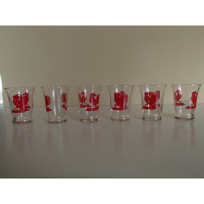 Cocktail Glasses with Red Rooster from Royal Leerdam Crystal, 1930s, Set of 6 for sale at Pamono