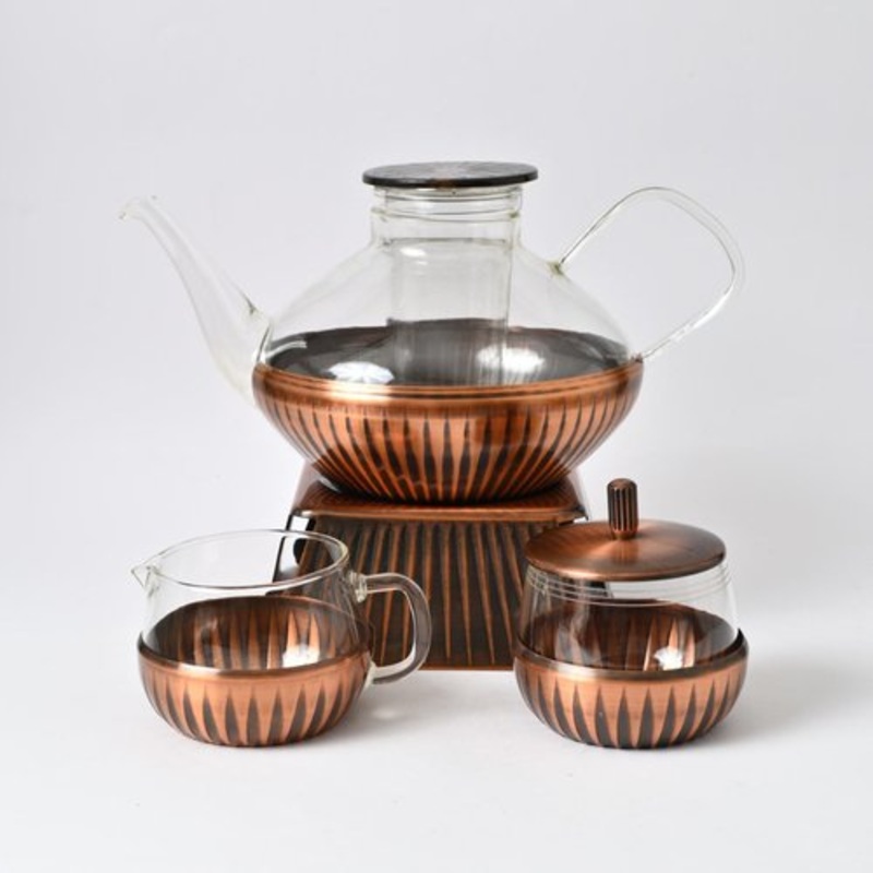 Glass and Copper Tea Set by Heinrich Lffelhardt for Jena Glass Schott & Gen, 1960s, Set of 4 for sale at Pamono