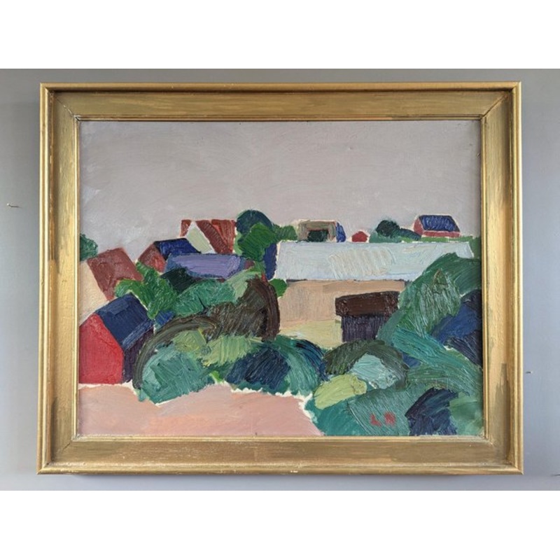Hillside Houses, 1950s, Oil Painting, Framed for sale at Pamono