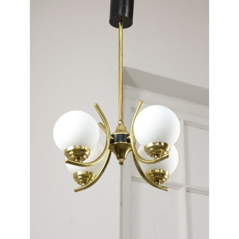 Mid-Century Italian Brass and Opaline Chandelier for sale at Pamono