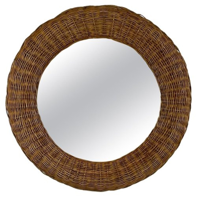 Riviera Style Round Woven Rattan Mirror, France, 1950s for sale at Pamono